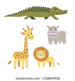 Set of wild exotic animals living in savannah or tropical jungle. Vector bright illustration for kids isolated on white background.