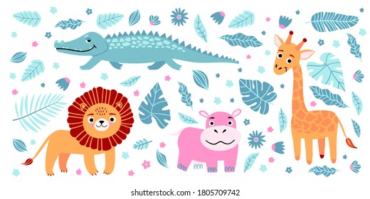 Set of wild exotic animals living in savannah or tropical jungle. Vector bright illustration for kids isolated on white background.