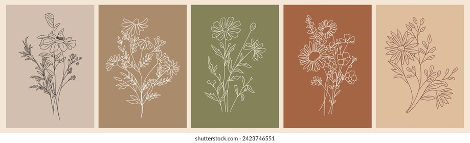 Set of wild flower bouquet Line Art Drawings. 