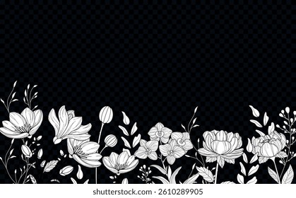Set of wild flowers. Bouquet silhouette. Vector isolated. Pencil drawn leaves template. Wedding invitation elements. Herbs. Branches pattern. Greenery frames. Retro background. Minimalism. Line art