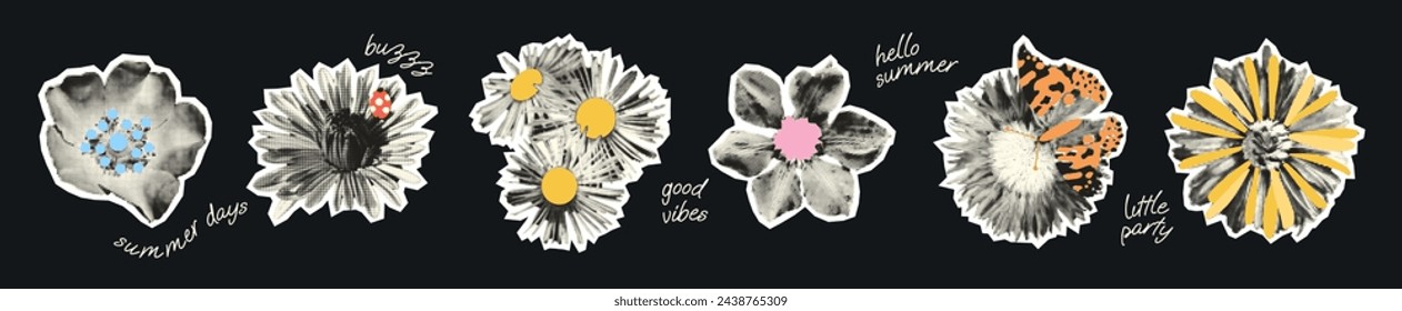 Set of wild flowers halftone collage elements with doodle petals, butterfly. Grunge punk cut out shapes, dotted summer stickers for mixed media design. Trendy modern retro vector illustration isolated