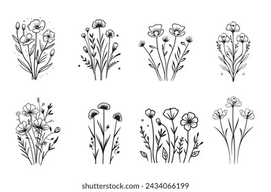 Conjunto de flores y hojas silvestres. Elementos botánicos de moda. Ramas de línea dibujadas a mano y floración. Boda de flores silvestres elegantes para la invitación de guardar la tarjeta de la fecha. Vector verde de moda