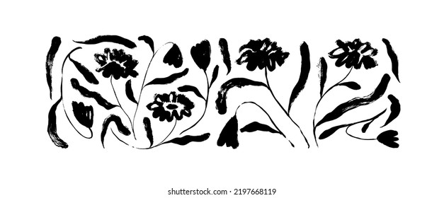 Wildblumen mit langen Stielen und Blättern. Handgezeichnete schwarze botanische Elemente mit Kohle oder Bleistiftstruktur. Kamille Skizze. Vektorschwarze Tintengrafik einzeln auf weißem Hintergrund. 