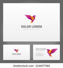 Set wild flying bird with purple wings origami 3d mockup business card design vector illustration. Collection flight freedom fowl feather animal creative exclusive namecard branding identification