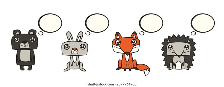Set of wild forest animals: bear, hare or rabbit, fox and hedgehog with blank speech bubble. Vector cartoon illustration isolated on white