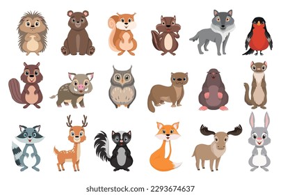 Set of wild forest animals. Cute baby hedgehog, bear, squirrel, wolf, raccoon, hare, mole, deer vector illustration