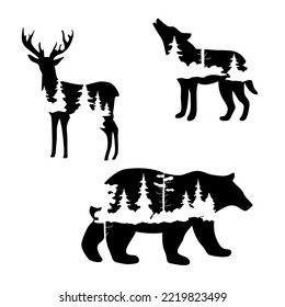 set with wild forest animals deer,wolf,bear, black and white vector silhouette
