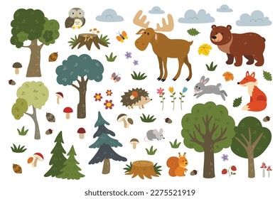 Set of Wild forest animals. Sticker with woodland wild animals, green trees, berries and plants. Bear, fox, mouse, deer, squirrel, owl, hare, hedgehog. Cartoon flat vector collection isolated on white