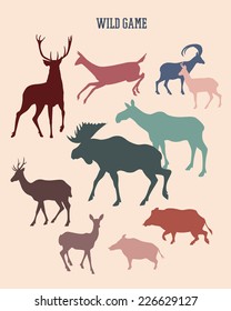 Set of wild game silhouettes made in vector in retro style.