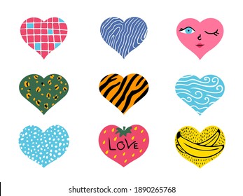 Set of wild heart with animal, fruit and nature pattern (leopard, tiger, strawberry, face) in modern cute style.