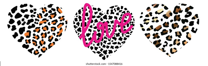 set of wild hearts leopard. Fashion Vector illustration heart shape. leopard Gold print texture pattern. pink Lettering love with black exotic panther animal skin texture. Modern Lion safari design