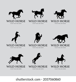 set of wild horse icon illustration creative logo design silhouette vector