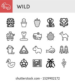 Set of wild icons. Such as Chameleon, Troglodyte, Cactus, Strawberry, Cobra, Mammoth, Whale, Woodlouse, Camel, Monkey, Hump, Hippopotamus, Fins, Swan, Beetle, Snake , wild icons