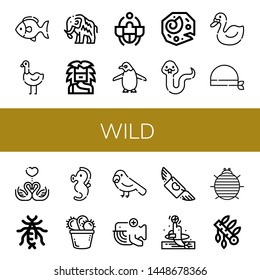 Set of wild icons such as Fish, Ostrich, Mammoth, Troglodyte, Beetle, Penguin, Fossil, Snake, Swan, Bandana, Swans, Earwig, Seahorse, Cactus, Parrot, Whale, Flying, Dolphin , wild