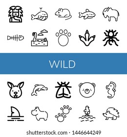 Set of wild icons such as Troglodyte, Fishbone, Whale, Flamingo, Rat, Animal, Shark, Claws, Bison, Pheidole, Bunny, Dolphin, Hippopotamus, Moth, Bear, Penguin, Seahorse , wild