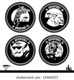 Set of wild life animals rubber stamps, labels with text adventures