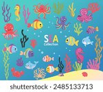 Set of wild marine animals. Inhabitants of the sea, cute crab, octopus, seahorse. Flat cartoon underwater scene with sea life