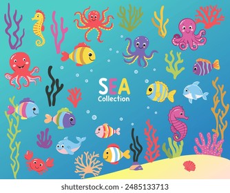 Set of wild marine animals. Inhabitants of the sea, cute crab, octopus, seahorse. Flat cartoon underwater scene with sea life