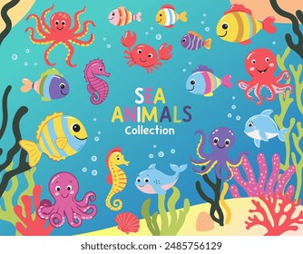 Set of wild marine animals. Inhabitants of the sea, cute crab, octopus, seahorse. Flat cartoon underwater scene with sea life