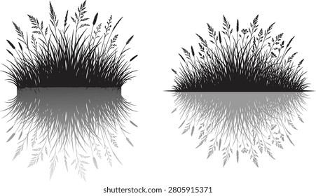 Set of wild meadow grass tufts with reflection isolated on transparent background. Black silhouette vector elements for nature and landscape design.