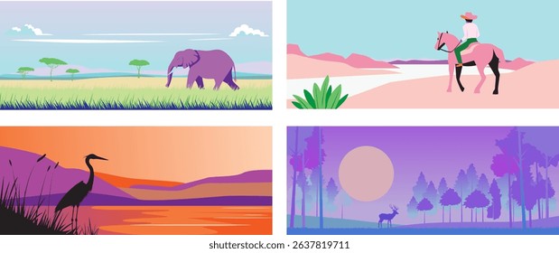 Set of wild natural landscapes, elephant in African savannah, man on horse in desert, heron on sunset lake, deer in night forest against moon. Set of beautiful vector natural landscapes.