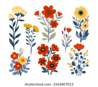 Set of wild plants and flowers in flat style on white background. Meadow flowers and bouquets, poppies, grasses, leaves and tulips. Vector illustration