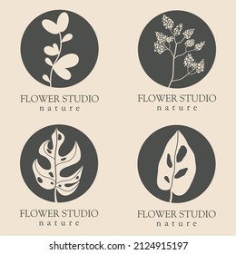 Set of wild plants logos. Round emblem flower in a circle. Floral decoration. Organic design template. Vector abstract icon for flower shop design, cosmetics, beauty, perfume, spa, yoga.