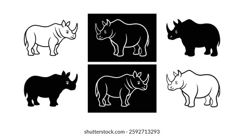 Set of wild rhinos silhouette and line art vector