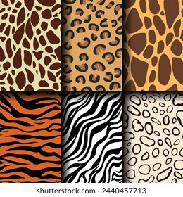 Set of Wild safari animal skin seamless pattern collection, leopard, cheetah, tiger, giraffe, zebra, snake skin texture for fashion print design, fabric, textile, wrapping paper, background, wallpaper