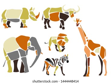 Set of wild savanna animals. African lion, zebra, buffalo, rhino, giraffe, elephant. Contemporary paper cut style. Hand drawn cartoon. Colorful abstract illustration. Child, baby of infant print.