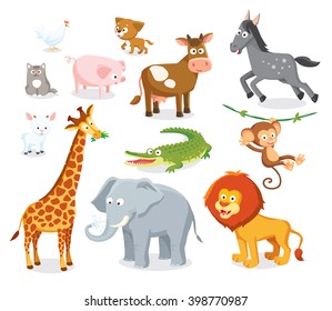 set of wild savannah, jungle  and farm animals