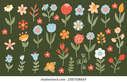 Set of wild stylized different doodle flowers on bright green background. Spring vector illustration