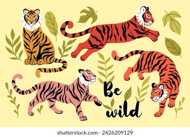 Set of wild tigers and tropical leaves. Vector graphics.