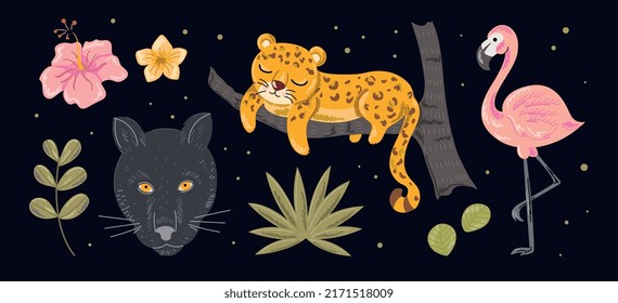 Set of wild and tropical animals. Stickers with panther, cheetah, pink flamingo and exotic plants. Design elements for social networks. Cartoon flat vector collection isolated on black background