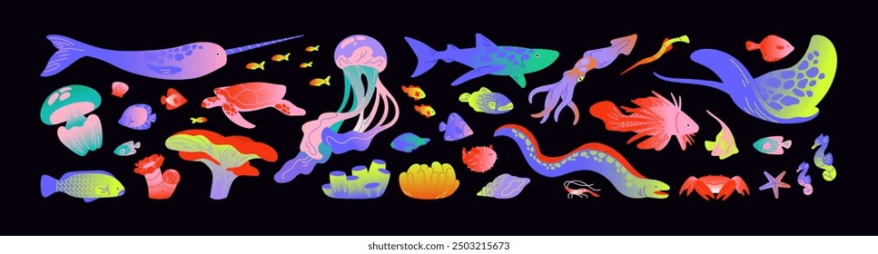 Set of wild underwater animals. Different undersea fishes, corals. Sea wildlife: shark, squid, narwhal, eagle ray, turtle, seahorses. Ocean fauna, water nature. Flat isolated vector illustrations