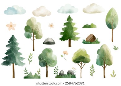 Set of wild watercolor forest trees, plants and clouds. Watercolor woodland. Watercolor nature elements