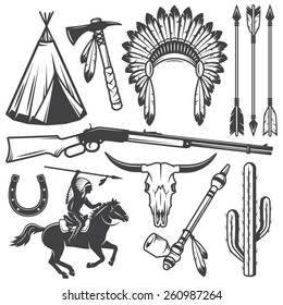 Set of wild west american indian designed elements. Monochrome style