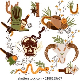 Set Wild west composition with cowboy hat, playing cards, an skull, a mystical snake, dice, gun and other. Further Old West in flat style. Vector illustration.