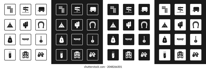 Set Wild west covered wagon, Cactus, Indian teepee or wigwam, headdress with feathers, Horseshoe, Road traffic signpost, Banjo and Money bag icon. Vector