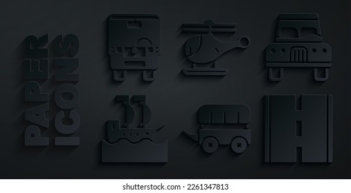 Set Wild west covered wagon, Car, Sailboat, Road, Helicopter and Bus icon. Vector