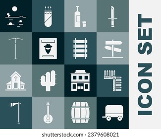 Set Vagón cubierto Wild West, Señal de tráfico por carretera, Botella y vidrio Whiskey, Afiche occidental Wanted, Pickaxe, Cactus paisajístico del desierto y Ferrocarril, icono de vías férreas. Vector