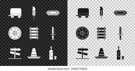 Set Wild west covered wagon, Feather pen, Harmonica, Road traffic signpost, Mexican sombrero hat, Whiskey bottle and glass, Old wooden wheel and Railway, railroad track icon. Vector