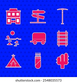 Set Wild west covered wagon, Quiver with arrows, Cactus, Railway, railroad track, Indian teepee or wigwam, Desert landscape cactus, Pickaxe and saloon icon. Vector