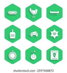 Set Wild west covered wagon, Bomb ready to explode, Wanted western poster, Hexagram sheriff, Canteen water bottle, Alcohol drink Rum, Kayak or canoe and paddle and Harmonica icon. Vector