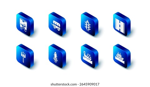 Set Wild west covered wagon, Traffic light, Road, Cruise ship, Cargo with boxes, Rocket fire, traffic signpost and Bus icon. Vector
