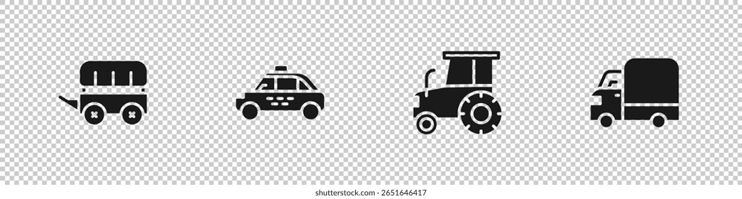 Set Wild west covered wagon, Taxi car, Tractor and Delivery cargo truck icon. Vector
