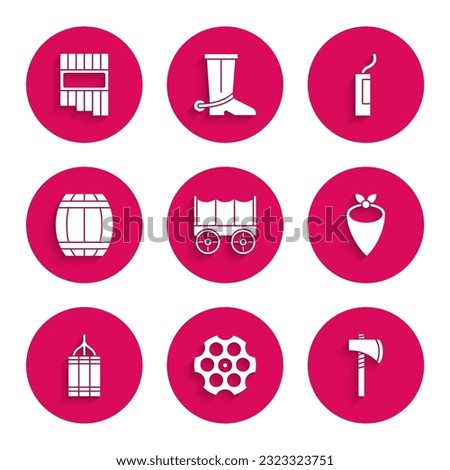 Set Wild west covered wagon, Revolver cylinder, Tomahawk axe, Cowboy bandana, Dynamite bomb, Gun powder barrel,  and Pan flute icon. Vector