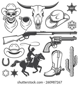Set Of Wild West Cowboy Designed Elements. Monochrome Style