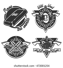 Set of wild west cowboy designed elements. Monochrome style