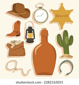 Set of Wild West Cute Sticker Illustration